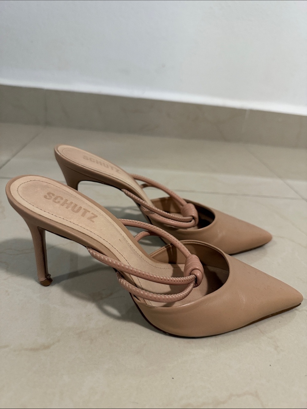 SCHUTZ Blush Nude Pointed Toe Knot Strap Heels